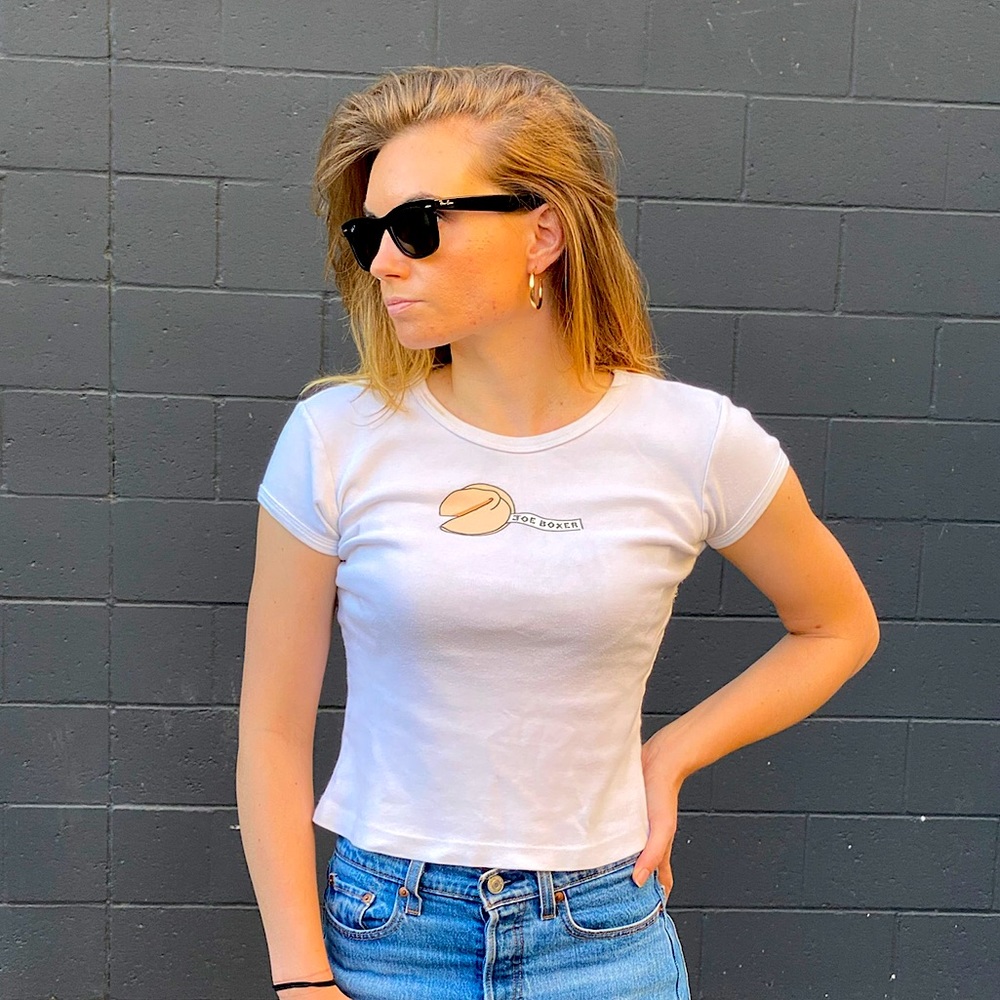 🥠 YOUR 2023 AESTHETIC 🥠 white Jen Aniston style 90s fortune cookie baby tee